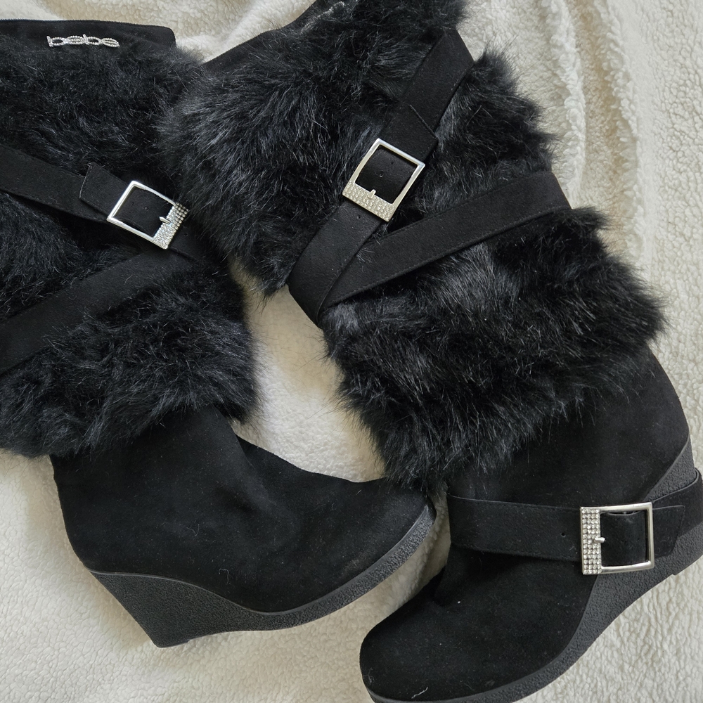 Bebe Black Winter Boots with Faux Fur and Wedge Heel